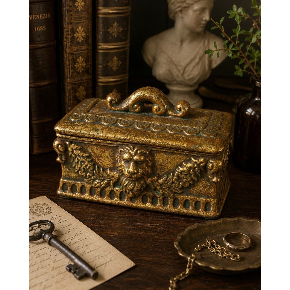 Vintage Gilt Ceramic Lion Trinket Jewelry Box Green Felt Renaissance Revival